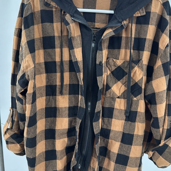 Risen Los Angeles Women's Black and Tan Plaid Hooded zip front layered look M - Picture 6 of 13